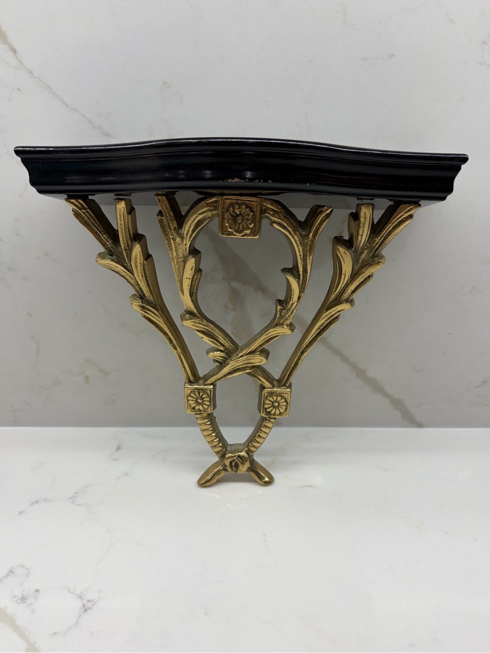 Vintage Chelsea House Brass and Wood Finish Floating Wall Shelf Plate Shelf